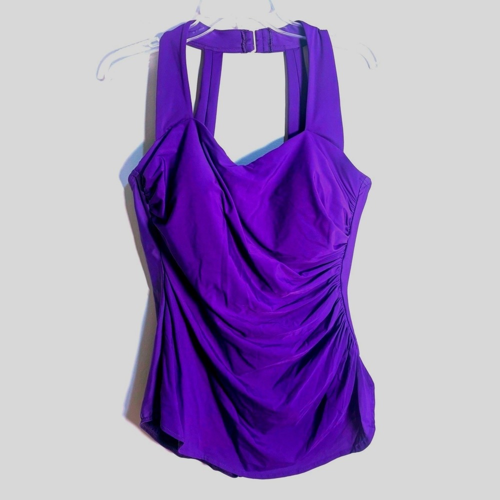 Lands End One Piece Swimsuit 18W DD Purple Excellent Ruched Halter Draped Front